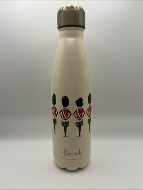 Harrods Ivory Metal Water Bottle with Royal Guards Graphic and Gold Cap